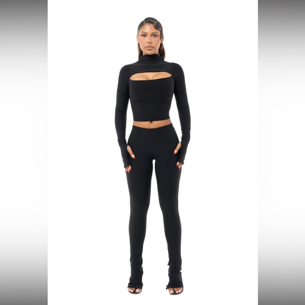 NOT SO BASIC LONG SLEEVE PEEKABOO TOP and BASIC HIGH RISE SIDE SPLIT LEGGINGS